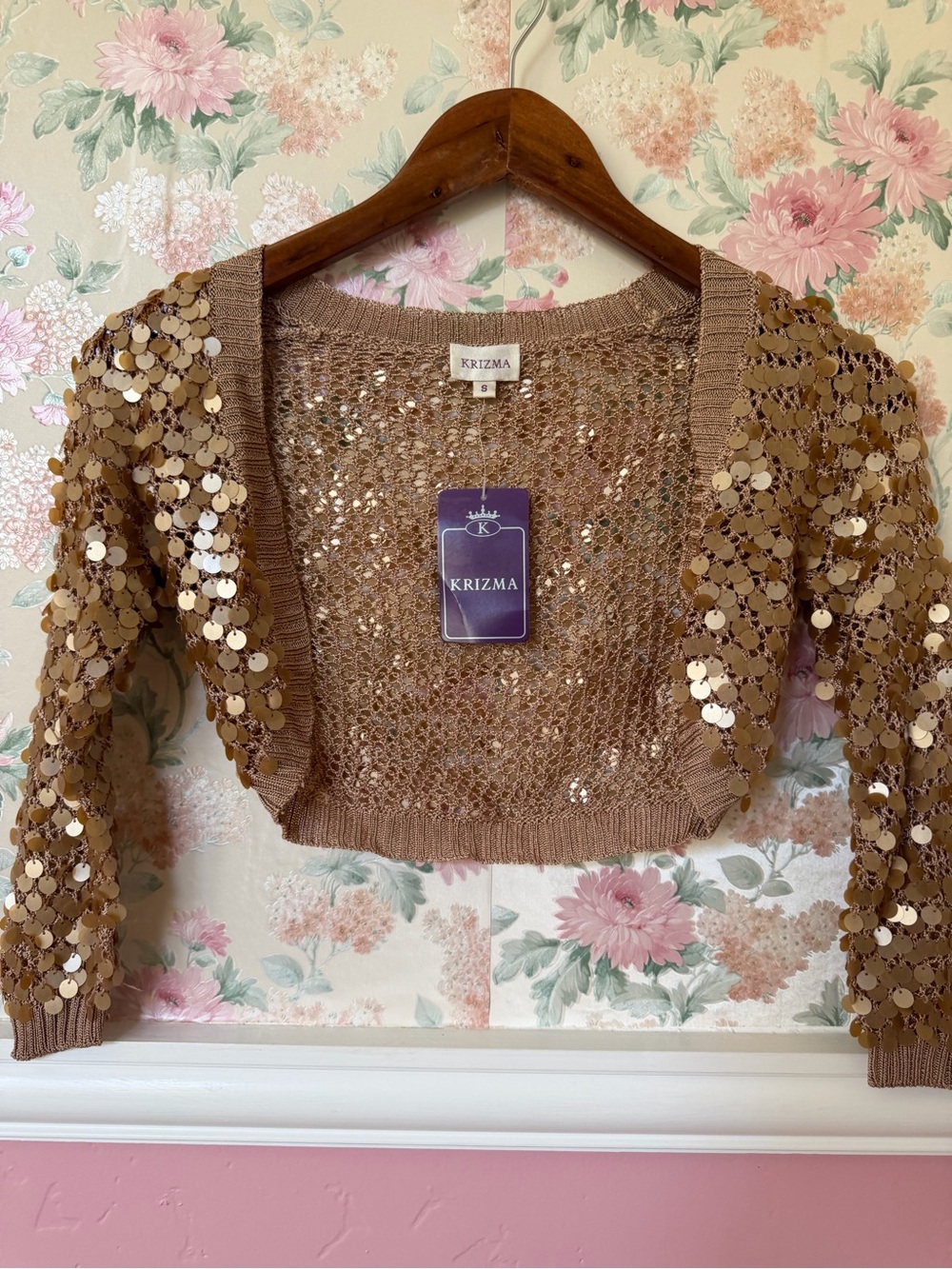 2000s 2yk Krizma Women's Taupe Sequin Bolero Cardigan